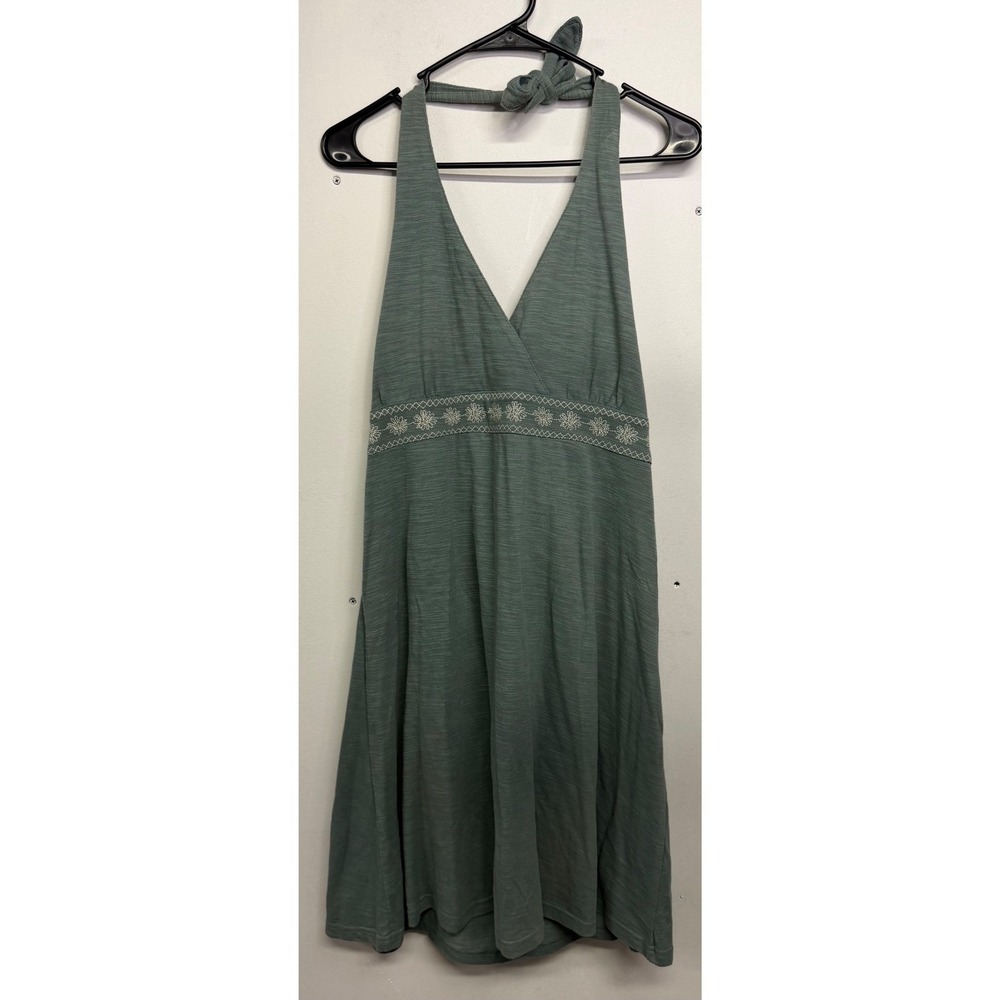 Aventura Womens Organic Cotton Halter Dress Sage Green Floral Embroidered Large